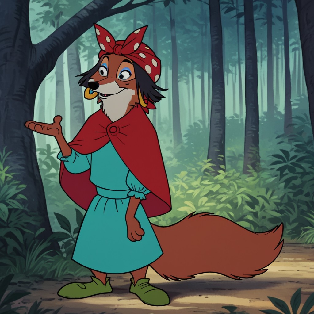 score_9, score_8_up, score_7_up, score_6_up, score_5_up, score_4_up, source_furry, RobinhoodRH, semi-anthro, male, fox, orange fur, black hair, red bandana, blue dress, green shoes, jewelry, earrings, red capelet, blue eyeshadow, standing, forest, solo, black eyes, <lora:412d46af-ba20-4cf4-8921-93bce25af952:0.7>
