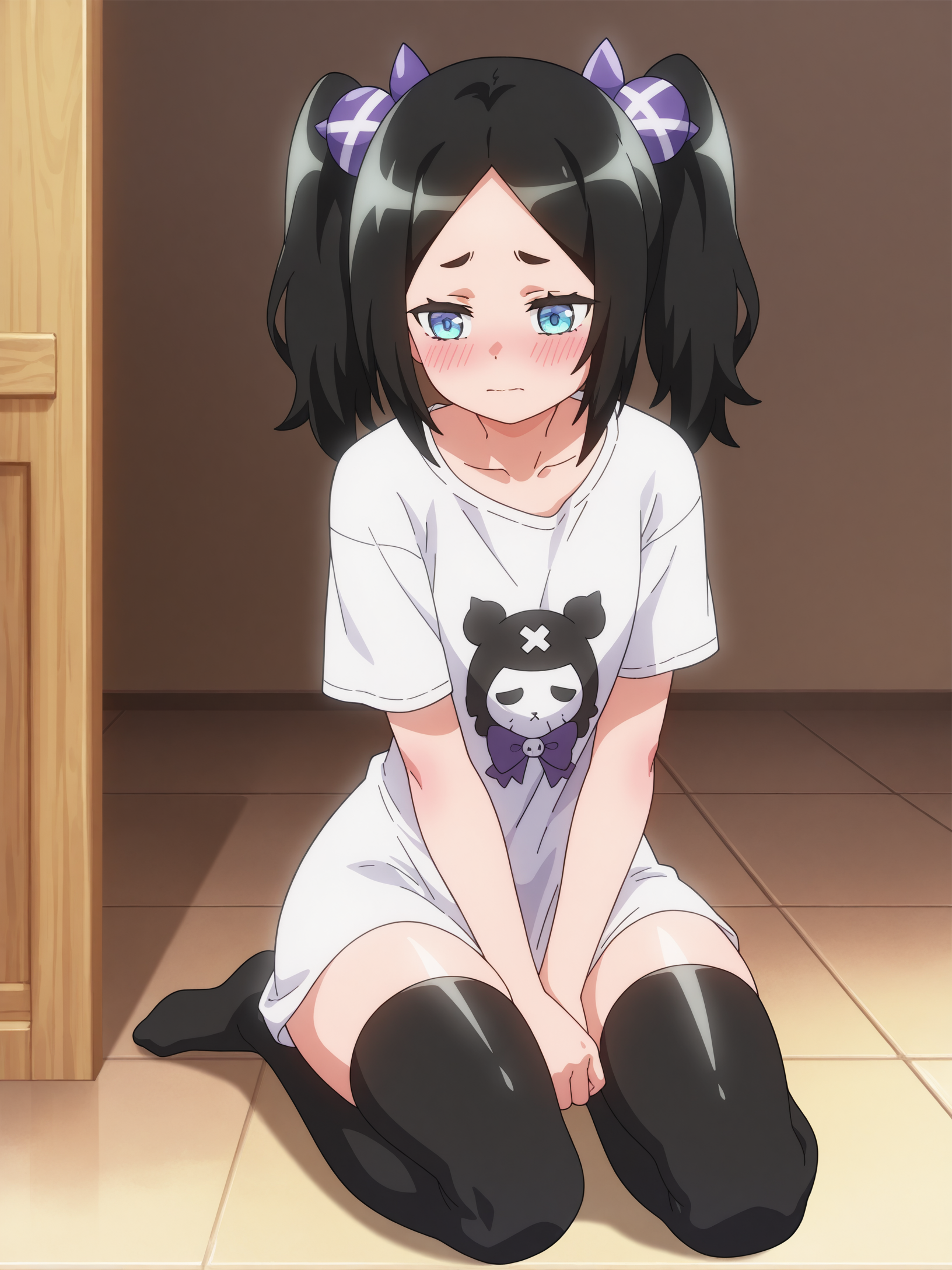 best quality,amazing quality,blue eyes,detailed eyes,solo,anime,<lora:Toxico Dannarv3:1>,toxico dannar,full body,t-shirt,shy,thighhighs, pose