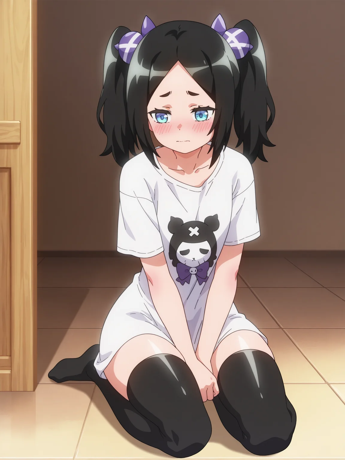 best quality,amazing quality,blue eyes,detailed eyes,solo,anime,<lora:Toxico Dannarv3:1>,toxico dannar,full body,t-shirt,shy,thighhighs, pose
