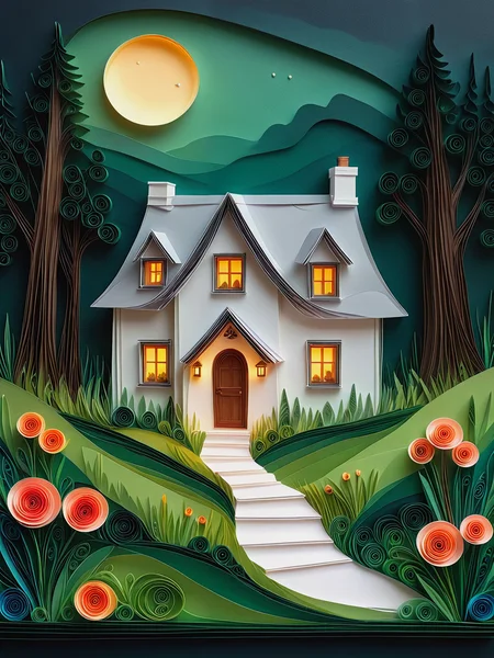 Made of paper.
A quaint cottage in the countryside, surrounded by dark forest.
<lora:Quilling01_CE_XL_300-OT:0.6> qlngCE_style