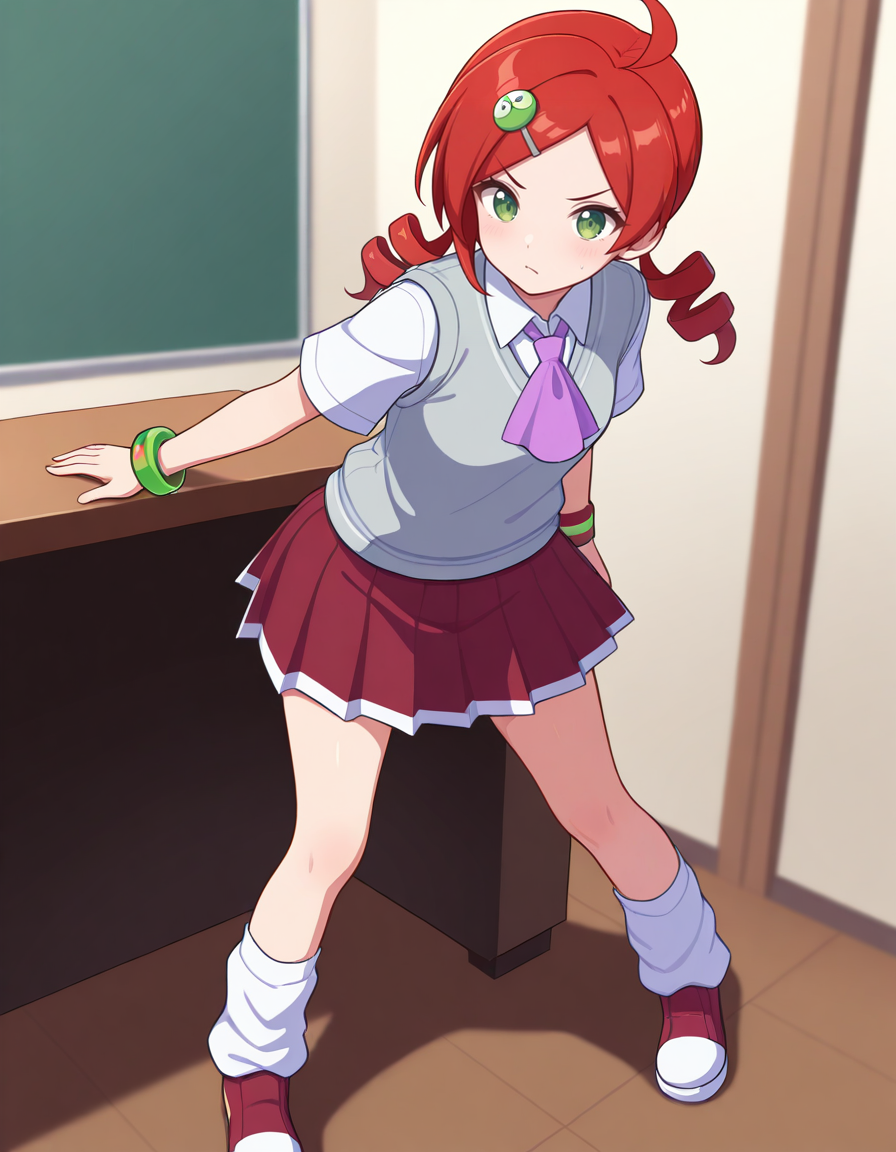 <lora:PAndouRingo_SDXL_Illustrious01_fp16_ver01:1>,PAndouRingo, 1girl,solo,red hair,green eyes,twin drills,character hair ornament,school uniform,ascot,gray sweater vest,bracelet,red skirt, white loose socks,shoes,v-shaped eyebrows,newest,standing, masterpiece, best quality, very aesthetic, absurdres,<lora:detailed_hands:1>,hand