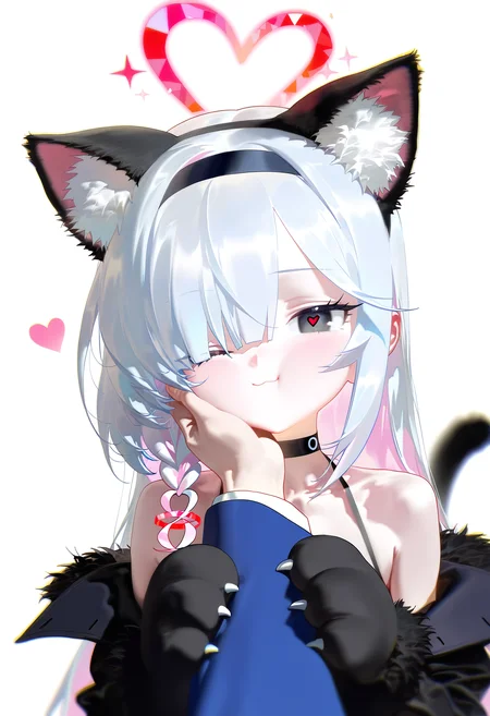 nyalia,
1girl, animal hands, animal ears, plana \(blue archive\), heart, halo, pov hands, black eyes, paw gloves, cat ears, pov, gloves, black hairband, long hair, cheek squash, hand on another's face, red halo, heart-shaped halo, cat paws, hand on another's cheek, black choker, fur trim, hairband, symbol-shaped pupils, one eye closed, colored inner hair, braid, hair over one eye, multicolored hair, choker, looking at viewer, single braid, solo focus, pink hair, white background, white hair, fake animal ears, simple background, heart-shaped pupils, blush, red pupils, 1boy, upper body, closed mouth, bare shoulders, pink pupils, pink halo, tail, cheek press, cat tail, off shoulder, black gloves, 1other, two-tone hair, alternate costume, smile, animal ear fluff, sensei \(blue archive\), black coat, grey hair, long sleeves,
, masterpiece, best quality, good quality,
<lora:ai_styles_collection_noob_eps-1.1-v5-000009:1>