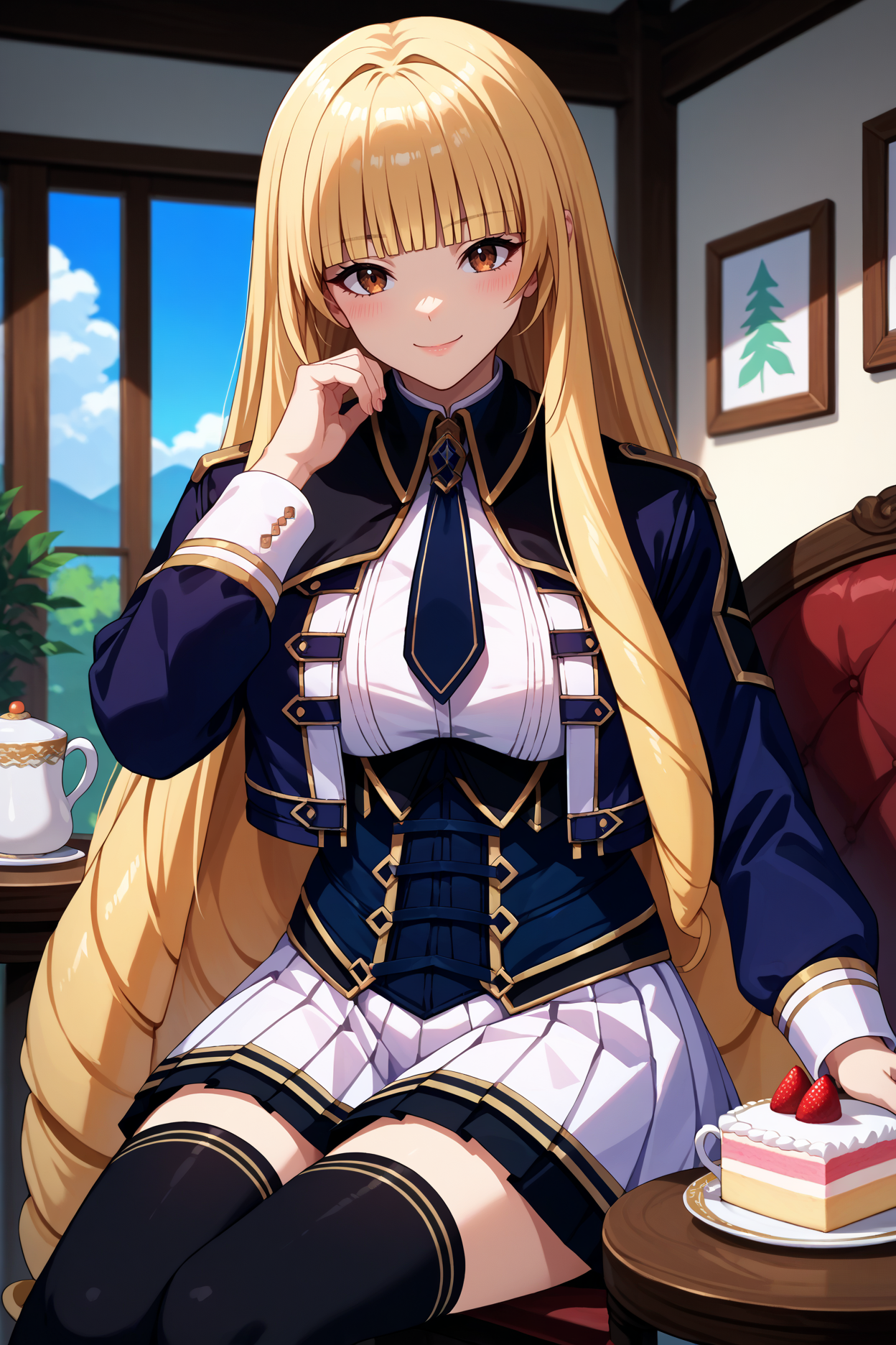 score_9, score_8_up, score_7_up, score_6_up, source_anime, 1girl, solo, <lora:roseoriana-pdxl-nvwls-v1-000006:1> r0se, blonde hair, very long hair, drill hair, blunt bangs, brown eyes, black jacket, cropped jacket, black necktie, white shirt, corset, white skirt, pleated skirt, black thighhighs, blue sky, big breasts, sitting, table, cake, teacup, looking at you, smile, blush, indoors, chair