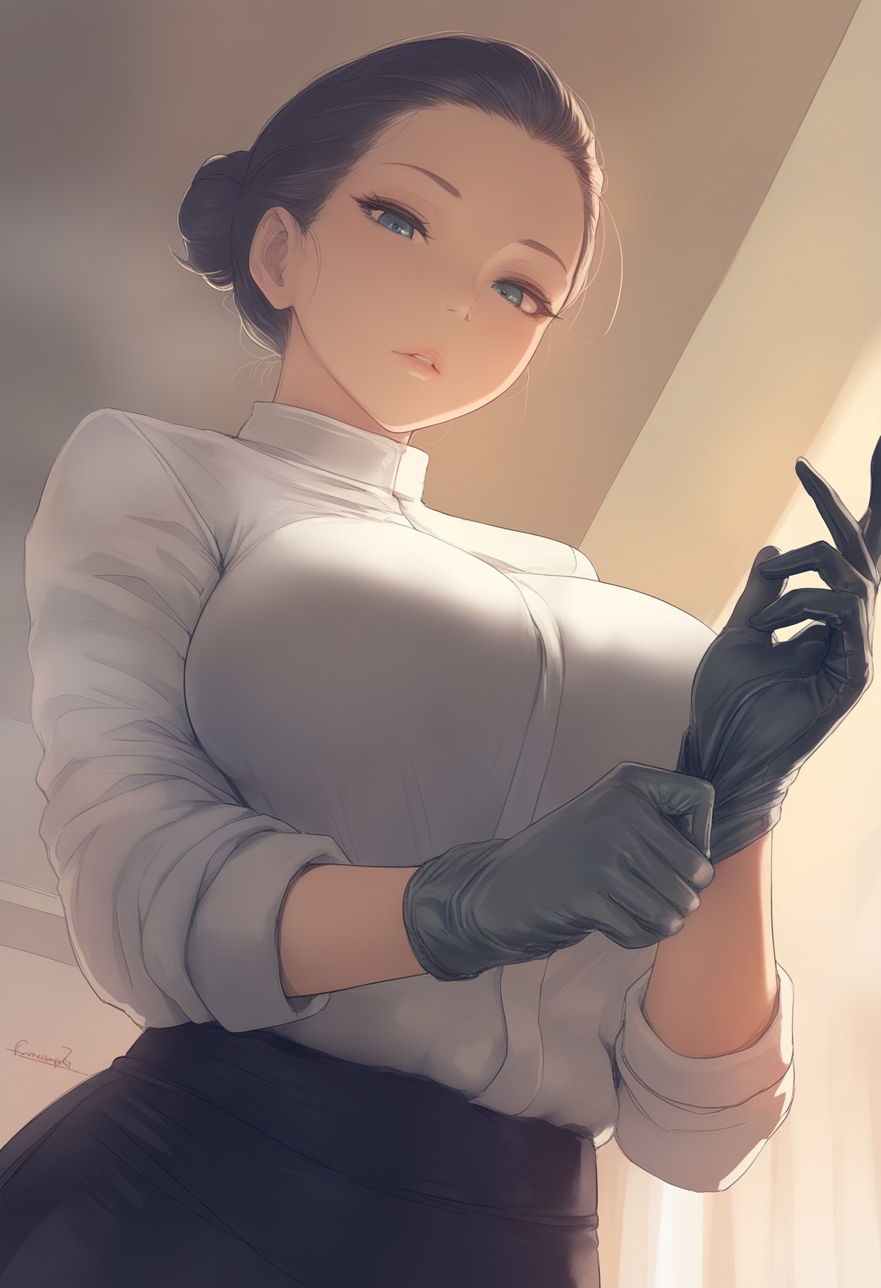 masterpiece, best quality, pov, from below, 1girl, solo, looking at viewer, large breasts, hair slicked back, single hair bun, adjusting gloves<lora:1equals2_v1_5_noob:1.0>