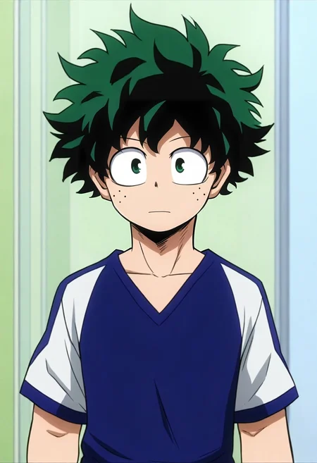 masterpiece, best quality, , semi-realistic, , , 1boy, solo, male focus, <lora:izuku_midoriya_ilxl:0.94>, izuku_midoriya, green hair, green eyes, short hair, ,