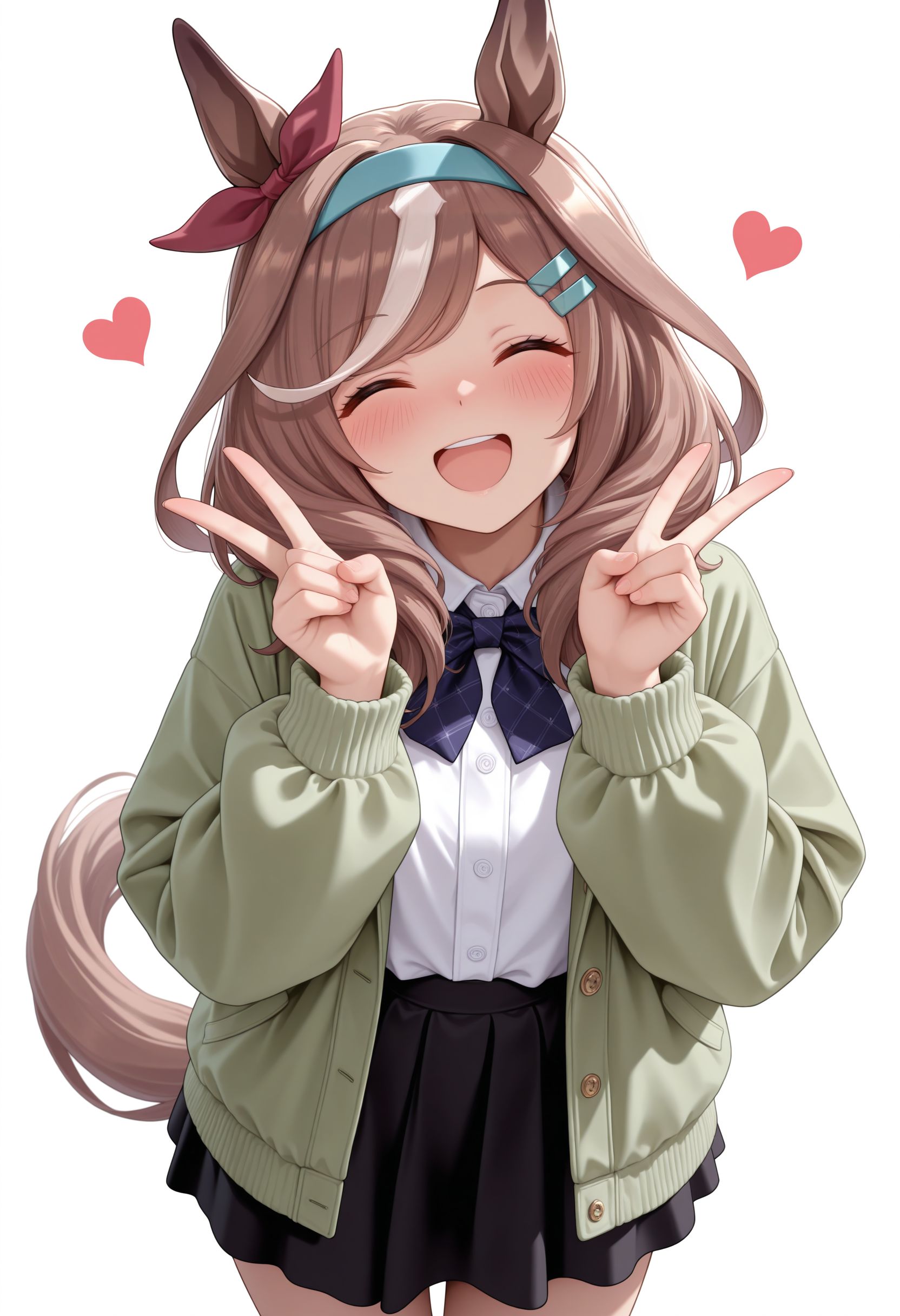 masterpiece, best quality, amazing quality, very awa,absurdres,newest,very aesthetic, looking at viewer
 <lora:Matikane Tannhause illu v3:1> 1girl, solo, long hair, blush, smile, open mouth, simple background, brown hair, long sleeves, hair ornament, white background, bow, animal ears, white shirt, closed eyes, white hair, multicolored hair, heart, cowboy shot, hairband, open clothes, alternate costume, hairclip, medium hair, black skirt, streaked hair, open jacket, hands up, horse ears, horse girl, horse tail, facing viewer, green jacket, double v