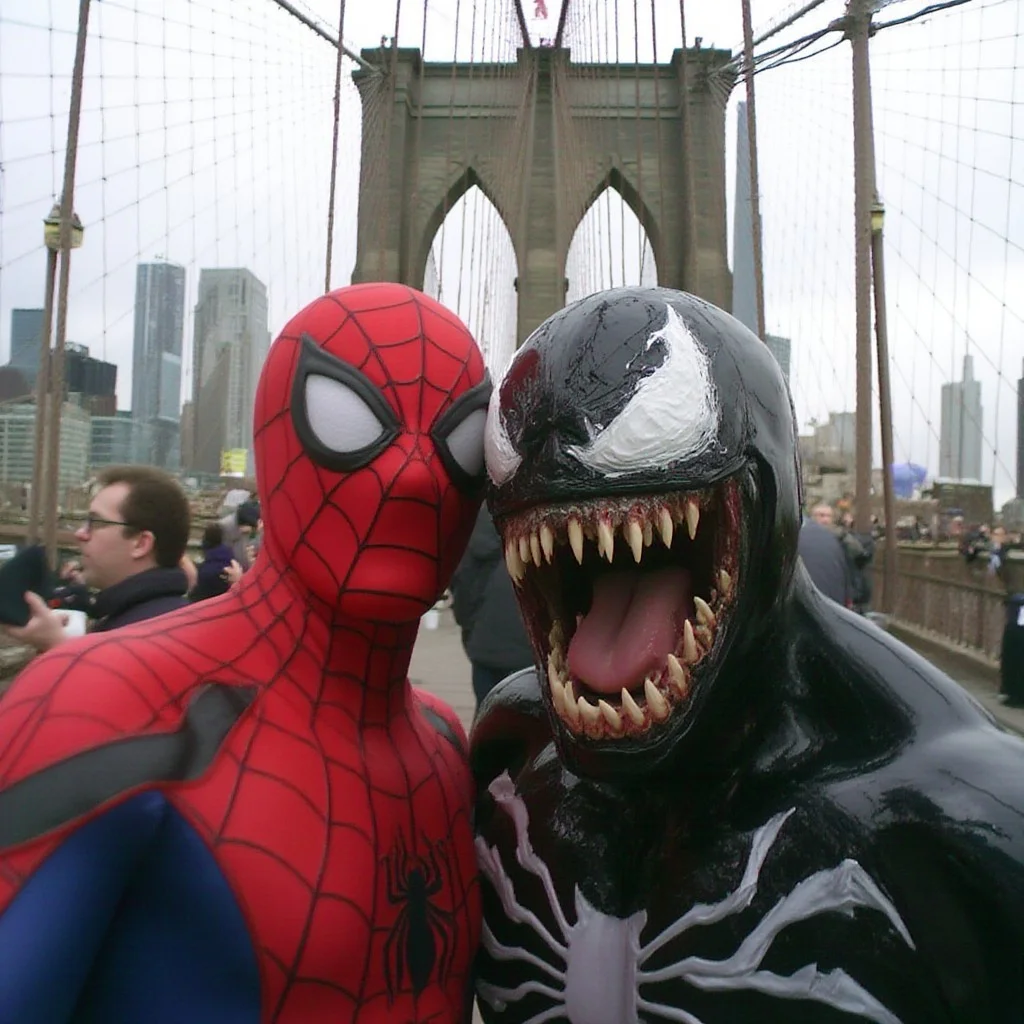 Spider-Man and Venom taking a selfie together, in front of th Brooklyn Bridge, taken by Kodak MC3 camera