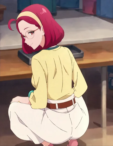score_9, score_8_up, score_7_up, anime screencap, solo,1girl,hoshinaterumi, glasses, hairband, smile, belt, looking at viewer,white skirt, jewelry, long skirt, bracelet, shirt, short hair, yellow shirt, long sleeves,cowboy shot,medium breasts,from behind,squatting,ass<lora:hoshinaterumi:0.8>