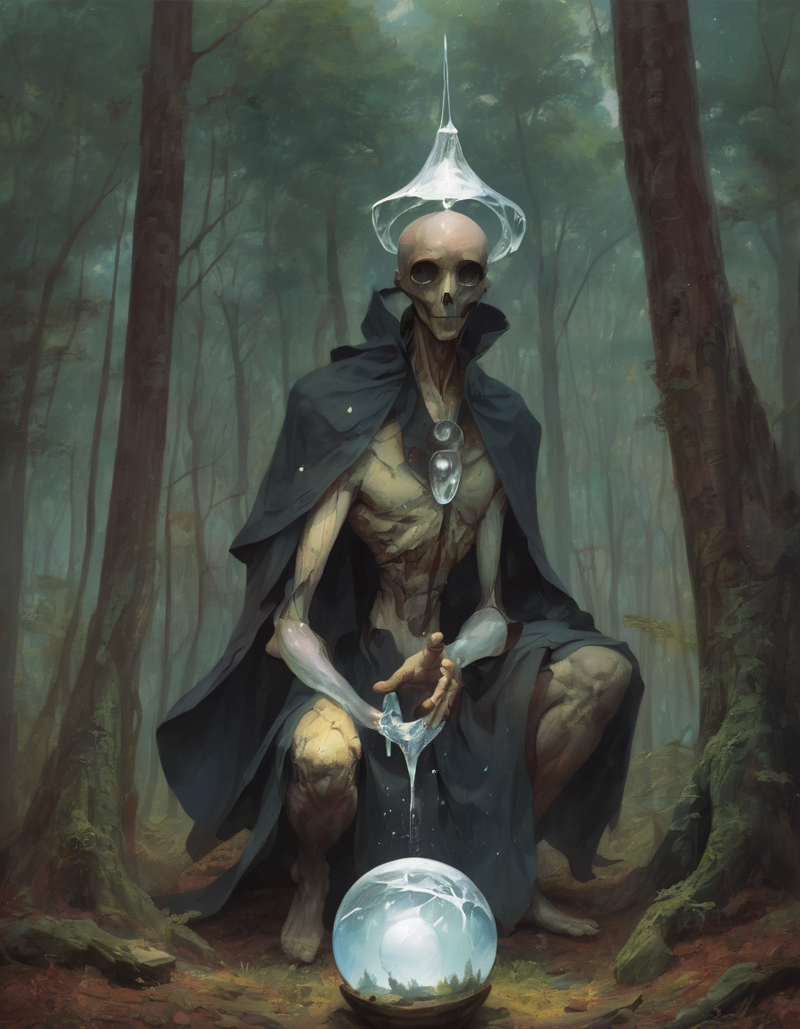 <lora:ptm0-000007:0.8>ptm0 a painting of a man with a half broken cylinder for a head levitating in a strange position in the woods with three small hooded figures beside him and a liquid glass rising up from the ground and crystallizing into a sphere, Art of Brom, magic the gathering artwork, an ultrafine detailed painting, fantasy art