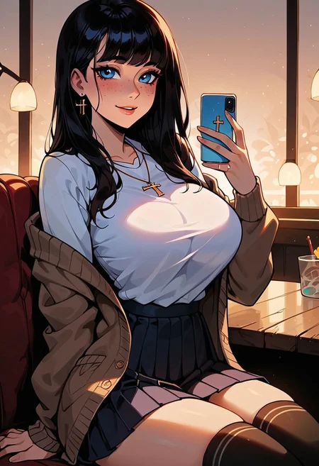 (zPDXL3), source_cartoon,(masterpiece), (high quality), high resolution, 4K, ,(perfect face), 1girl, young woman,((Korean woman)), (black hair, styled hair,bangs, ,perfect blue eyes,freckles,simple makeup,slim thick, slim thick body, small waist, large breasts, very wide hips), beautiful, happy , BREAK, ((wearing an open cardigan, wearing a v-neck t-shirt,cross necklace,wearing a pleated skirt,thigh high socks)),BREAK, volumetric lighting, cinematic, vibrant, bright lighting, godrays, sunny day, daylight,BREAK,(in a cafe, sitting in a chair, holding a phone, looking up at viewer),(close up angle, upper body focus),