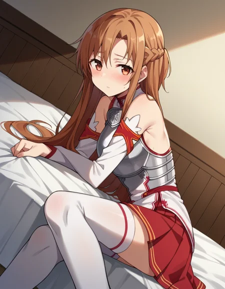 score_9, score_8_up, score_7_up, source_anime,
asunayuuki, <lora:asuna-yuuki-s1-ponyxl-lora-nochekaiser:1>,
asuna yuuki, long hair, brown hair, brown eyes,
skirt, thighhighs, bare shoulders, detached sleeves, armor, white thighhighs, breastplate, red skirt,
indoors, bed, bed room, on side, blush, drunk,
looking at viewer, cowboy shot, solo, dutch angle,