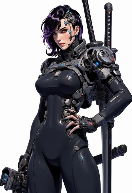 An asian-american woman in her late twenties in a tight black body suit, with assymetrical black hair with purple and blue highlights on one side. She has one cybernetic eye, it glows blue. She is lithe and graceful but also full bodied, in a tight black combat suit. She has a katana on her back and she is looking at the camera in a sultry pose