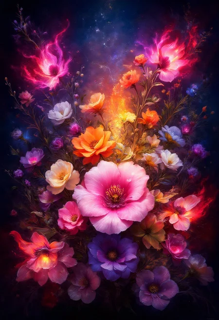 vibrant orange Bleeding Hearts flowers and glowing red butterflies against a pitch-black background Painterly, surreal, vibrant glow, bokeh, 8k,Pink Roses, purple_flower,pink_flower,white_flower,yellow_flower,grappe_flower