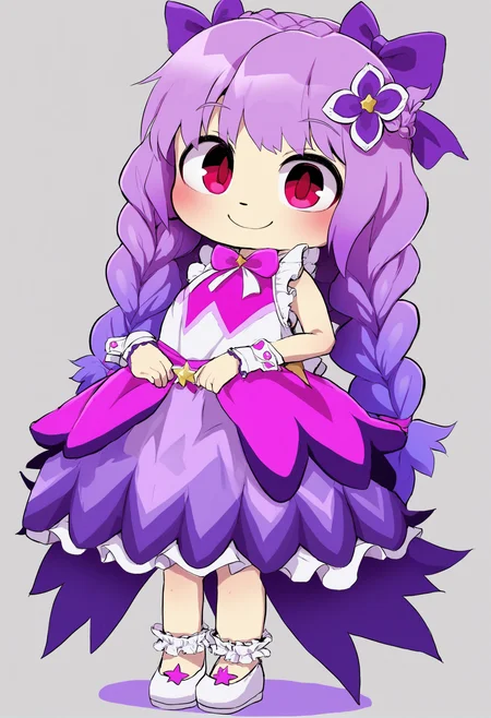 masterpiece, hyper detailed, best quality,(furry:1.3),1girl, solo, dress, long hair, pink dress , purple hair, full body, hair bow, braid, smile, red eyes, very long hair, white background, sleeveless, bangs, purple bow, closed mouth, sleeveless dress, gradient hair, looking at viewer, standing, frills, flower, purple flower, star \(symbol\), shoes, multicolored hair, pink hair, white footwear, bridal garter, simple background, frilled dress, hair ornament, wrist cuffs  ,<lora:DAGASIXLlokr8f-000188:0.95>