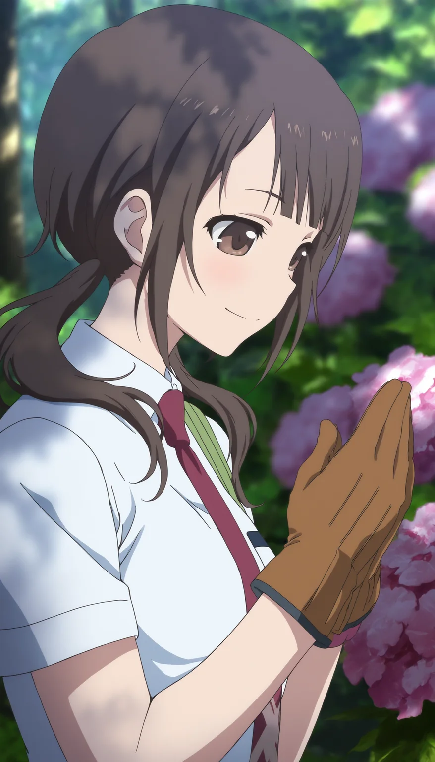 masterpiece,best quality,amazing quality,
<lora:sawaOkitaNAI:1>,sawa okita,
1girl,solo,brown hair,bangs,twintails,brown eyes,white shirt,red necktie,portrait,looking to the side,smile,green bag strap,brown gloves,praying,outdoors,day,forest,flower,dappled light,depth of field,