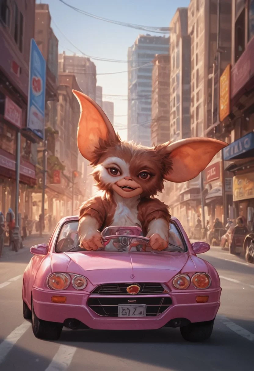 score_9, score_8_up, score_7_up,source_furry,#giz#, (gremling driving a pink convertible car toy , Hands the steering, wheel down, hair moving through speed  :1.0) , amazing world, vivid colors, detailed , portrait in street of city, ( ultrarealist photography :1.3)