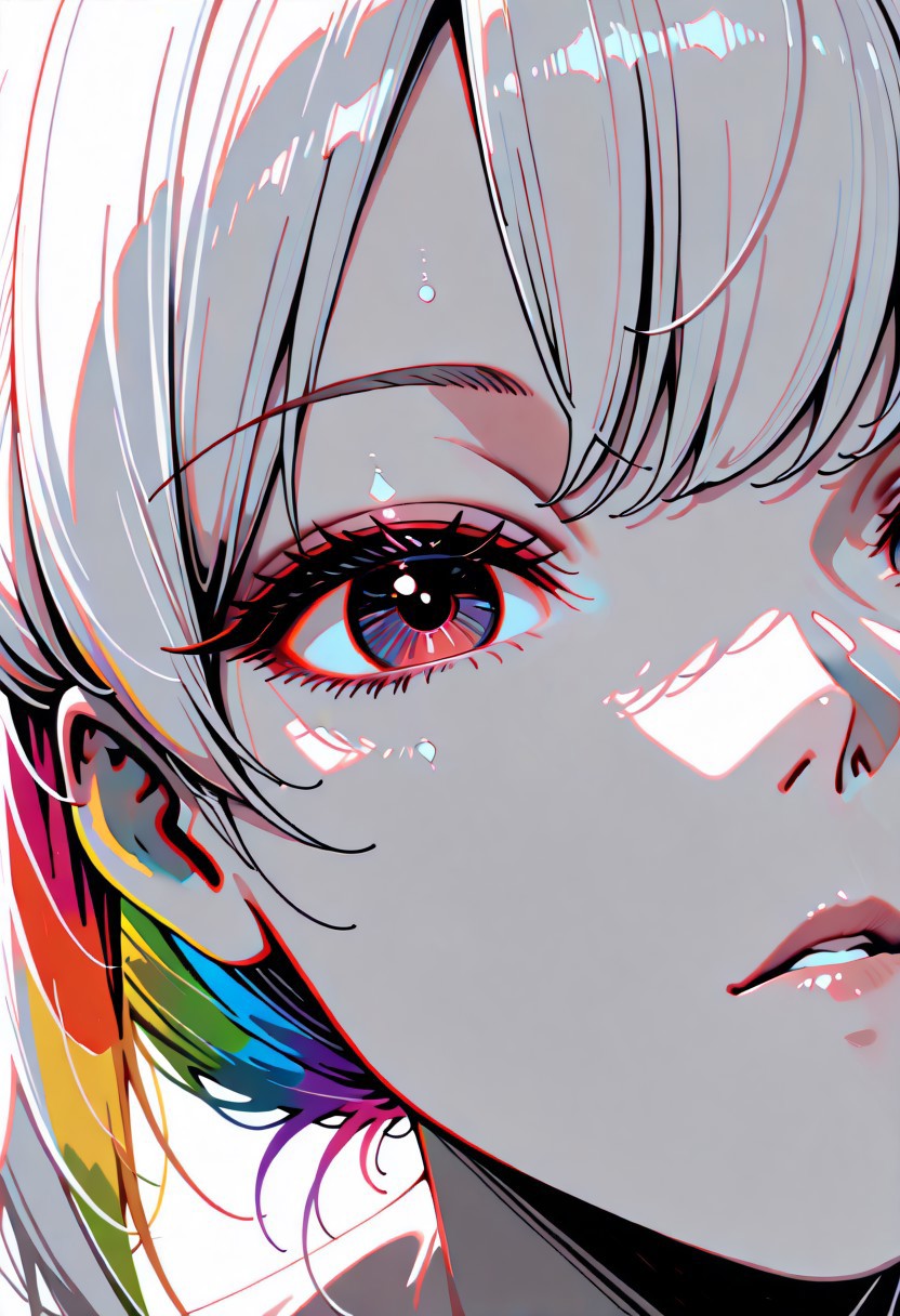 lazympos, adult, 1woman,
masterpiece, best quality, newest, highres, absurdres,no lineart, no outline, detailed, looking at viewer, solo, chromatic aberration, rainbow hair,white theme ,limited palette,tenebrism,close up, depth of field, 0n3sp3g