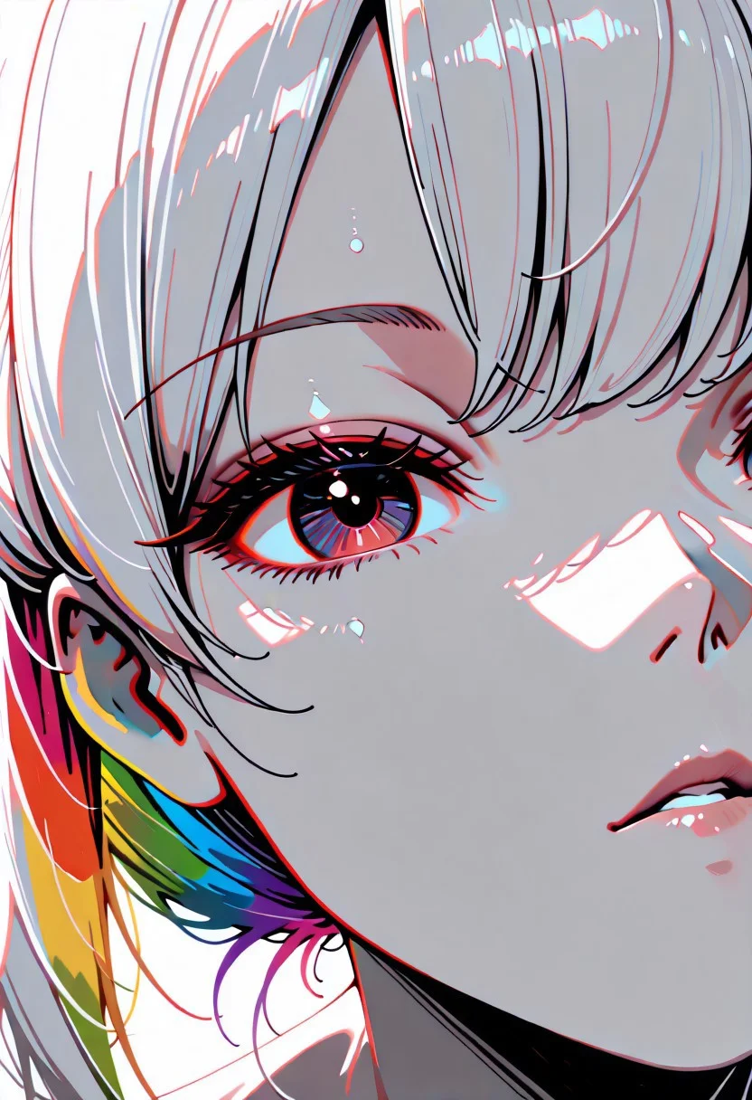 lazympos, adult, 1woman,
masterpiece, best quality, newest, highres, absurdres,no lineart, no outline, detailed, looking at viewer, solo, chromatic aberration, rainbow hair,white theme ,limited palette,tenebrism,close up, depth of field, 0n3sp3g