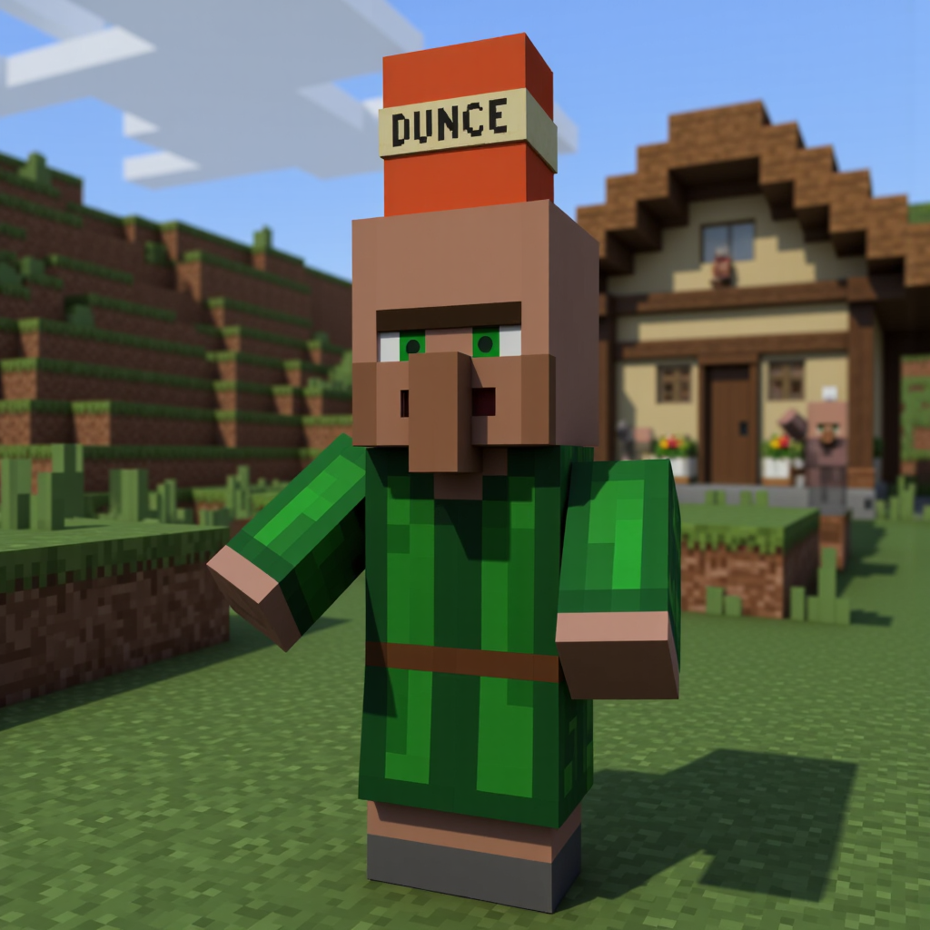 villager_mc, green robe. cone hat that reads dunce,
In the quiet corners of the Minecraft world, villagers live simple yet mysterious lives, their origins lost to ancient memory. Long before players ever arrived, these blocky folk built their scattered settlements from wood, stone, and faith in the old ways. Each villager, with their distinctive green eyes, broad noses, and solemn, blocky frames, carries on traditions passed down through countless seasons — farming, trading, and crafting the essentials of survival. They rarely speak, instead communicating through gestures and knowing looks, as if guarding ancient secrets about the world’s creation. Legends whisper that villagers were once great architects and scholars, who, after a forgotten cataclysm, chose a life of humble isolation. Their villages, cradled between mountains, forests, and plains, pulse quietly with life, protected by iron golems and bound by an unspoken pact with the land itself — to endure, to trade, and to remember.