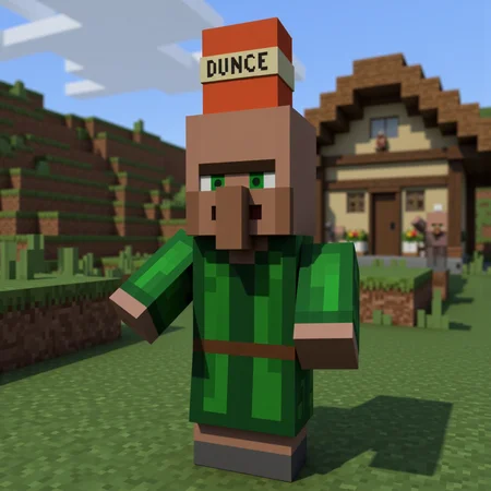 villager_mc, green robe. cone hat that reads dunce,
In the quiet corners of the Minecraft world, villagers live simple yet mysterious lives, their origins lost to ancient memory. Long before players ever arrived, these blocky folk built their scattered settlements from wood, stone, and faith in the old ways. Each villager, with their distinctive green eyes, broad noses, and solemn, blocky frames, carries on traditions passed down through countless seasons — farming, trading, and crafting the essentials of survival. They rarely speak, instead communicating through gestures and knowing looks, as if guarding ancient secrets about the world’s creation. Legends whisper that villagers were once great architects and scholars, who, after a forgotten cataclysm, chose a life of humble isolation. Their villages, cradled between mountains, forests, and plains, pulse quietly with life, protected by iron golems and bound by an unspoken pact with the land itself — to endure, to trade, and to remember.