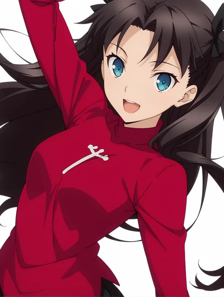 masterpiece,best quality,newest,1girl,solo,
anime screencap,<lora:T_Rin_ilxlv1.3:1>,t_rin,two side up,black hair bow,black hair,blue eyes,r_clothes,long sleeves,red shirt,
<lora:Fixhands_anime_bdsqlsz_V1:1>,looking_at_viewer,simple_background,white_background,upper_body,:d,standing,
