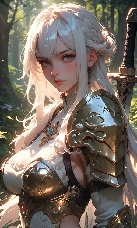score_9, score_8_up, score_7_up, score_6_up, 1girl, beautiful, white hair, long hair, bangs, fair skin, big breasts, leather armor, sword, forest, dappled sunlight, upper body, looking at viewer