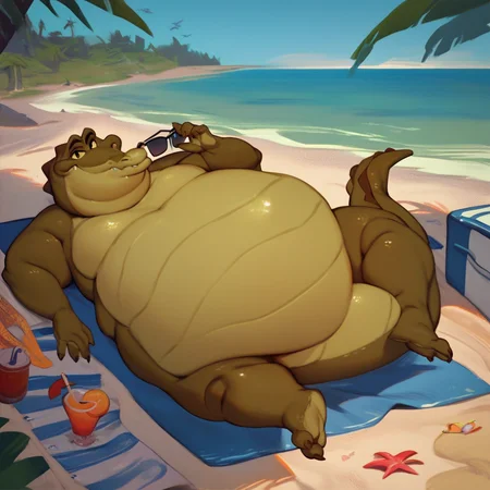 score_9, score_8_up, score_7_up, score_6_up, score_5_up, score_4_up, louis, alligator, fat, obese, dark green skin, reptile, outside, beach background, beach scenery, water, relaxing, laying down, looking at viewer, sunglasses, barefoot,