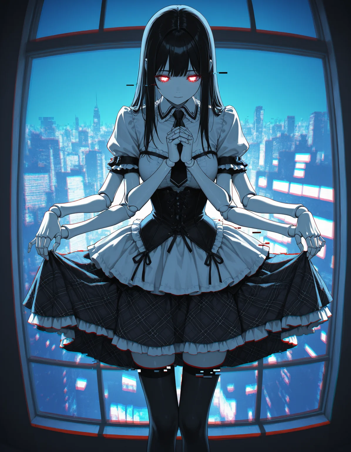 (chromatic aberration, glitch:1.5), horror theme, 1girl, doll joints, curtsey, bowing, glowing eyes, cybernetic eyes, multiple arms, clasped hands, harsg dress, thighhighs, necktie, plaid skirt, corset, frills, minimalist architecture, modernism, cyberpunk, window, cityscape, porcelain skin, night, blurry background, masterpiece, best quality, amazing detail, high definition