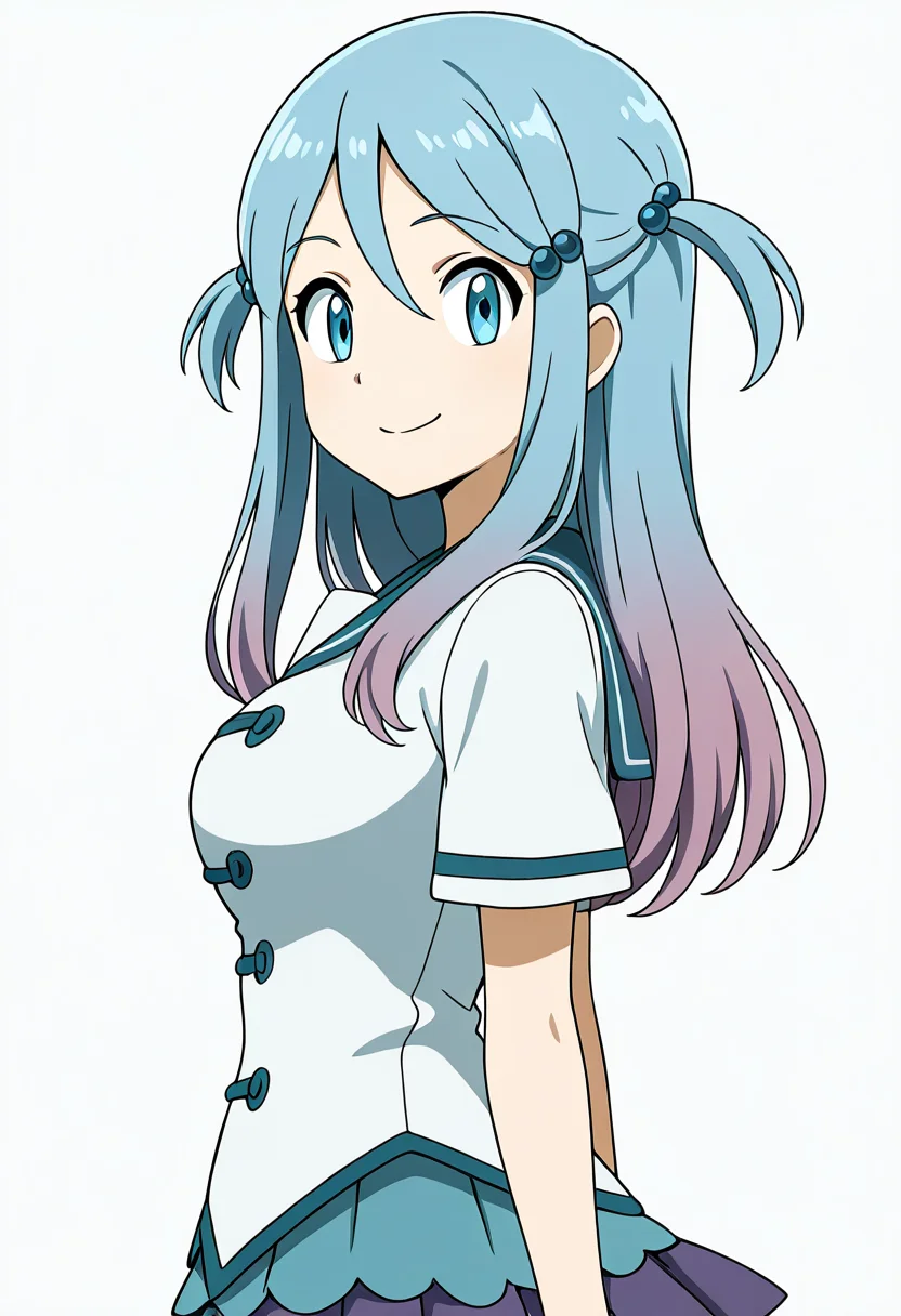 masterpiece, best quality, solo, curvy, beautiful eyes, large breasts, aged up, narrow waist, wide hips, 1girl, solo, smile, looking at viewer, zzLazuli, blue eyes, hair between eyes, blue hair, gradient hair, hair bobbles, hair ornament, long hair, multicolored hair, two side up, school uniform, serafuku, sailor collar, blue skirt, pleated skirt, short sleeves, ,<lora:LazuliByKurumiErika_IXL:1.0>, back arched, hips back, side view, smile, looking at viewer,