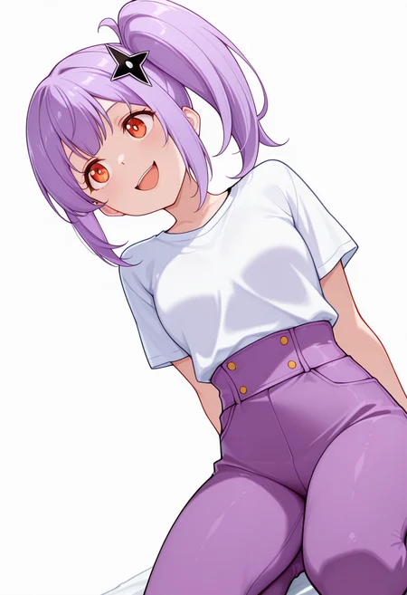 masterpiece,high quality details, absurdres,
<lora:Satoko_Kusagakure:0.9>
satoko_cnr, 1girl, purple hair, long hair, side ponytail,orange eyes,hair ornament,sidelocks,enh_cnr,, simple background, white background, dutch angle,solo,, crazy smile,stifled laugh,, d:,, peacoat ,shirt ,high-waist pants, ,var-legwear,, body leaning to side,dynamic twist,kneeling with thighs apart,