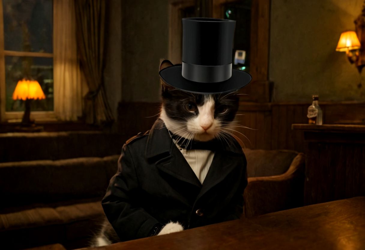 modeltrue, houdinicat, best quality, 4k, hd, a cat with a black top hat in a bar looking nostalgic smoking a cigar, indoors, instrument, (1cat), silly_cat, standing, window, table , bottle, hat, smile, looking_at_viewer, scenery, guitar, chair,  night, glasses, curtains, lantern, depth_of_field, realistic, couch, shadow, choker, jacket, light, fire, open_clothes, profile, low light, ray tracing, melancholic, dutch_angle