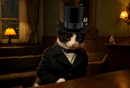 modeltrue, houdinicat, best quality, 4k, hd, a cat with a black top hat in a bar looking nostalgic smoking a cigar, indoors, instrument, (1cat), silly_cat, standing, window, table , bottle, hat, smile, looking_at_viewer, scenery, guitar, chair, night, glasses, curtains, lantern, depth_of_field, realistic, couch, shadow, choker, jacket, light, fire, open_clothes, profile, low light, ray tracing, melancholic, dutch_angle