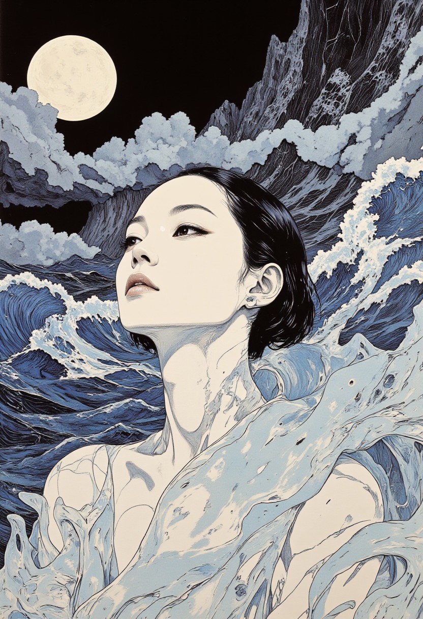 A highly stylized digitally drawn hyper-realistic artwork featuring an East Asian woman with a serene and contemplative expression, her porcelain-like complexion glowing softly under diffused lighting. Her short, slicked-back dark hair frames her delicate face, accentuated by ethereal makeup, with light blue eyeshadow that sweeps elegantly from her eyelids to her temples, giving her an otherworldly allure. She is draped in a translucent, semi-liquid material that resembles rippled glass or melting ice, cascading over her shoulders and chest with a fluid, organic texture that shimmers in the light. Her glossy skin reflects a radiant, dreamlike finish, harmonizing with the surreal elements of her attire. The background transforms into a captivating optical illusion: a roaring sea rendered entirely in black and white linear lines, its turbulent waves creating a mesmerizing sense of depth and motion. Above, the sky, clouds, and a luminous full moon are similarly crafted in black and white linear strokes, forming a visual art piece that blends seamlessly with the sea below. The juxtaposition of the dynamic, monochromatic backdrop with her tranquil presence and avant-garde styling creates a stunning interplay of natural beauty and surreal, futuristic artistry.
