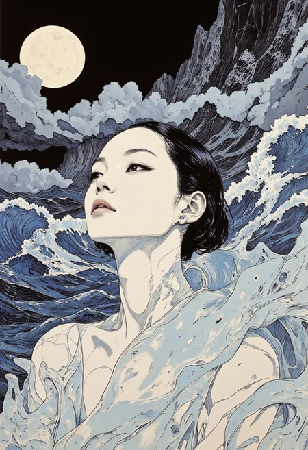 A highly stylized digitally drawn hyper-realistic artwork featuring an East Asian woman with a serene and contemplative expression, her porcelain-like complexion glowing softly under diffused lighting. Her short, slicked-back dark hair frames her delicate face, accentuated by ethereal makeup, with light blue eyeshadow that sweeps elegantly from her eyelids to her temples, giving her an otherworldly allure. She is draped in a translucent, semi-liquid material that resembles rippled glass or melting ice, cascading over her shoulders and chest with a fluid, organic texture that shimmers in the light. Her glossy skin reflects a radiant, dreamlike finish, harmonizing with the surreal elements of her attire. The background transforms into a captivating optical illusion: a roaring sea rendered entirely in black and white linear lines, its turbulent waves creating a mesmerizing sense of depth and motion. Above, the sky, clouds, and a luminous full moon are similarly crafted in black and white linear strokes, forming a visual art piece that blends seamlessly with the sea below. The juxtaposition of the dynamic, monochromatic backdrop with her tranquil presence and avant-garde styling creates a stunning interplay of natural beauty and surreal, futuristic artistry.