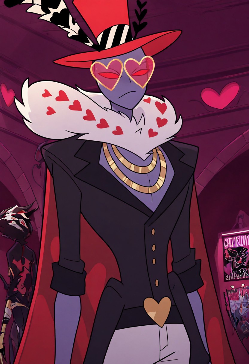 masterpiece, best quality, newest, absurdres, highres, HHStyle, 1boy, HHVal-V1.0, colored skin, Purple skin, Purple colored skin, demon boy, sharp fingerneils, HHVal-V1.0-no coat, chain, golden chain, necklace, jacket, black jacket, hat, red hat, glasses, heart shped glasses, top hat,