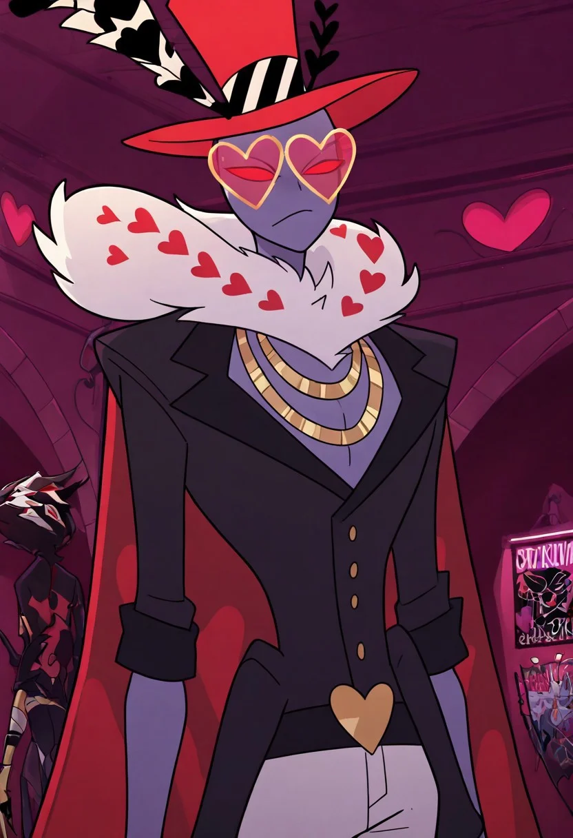 masterpiece, best quality, newest, absurdres, highres, HHStyle, 1boy, HHVal-V1.0, colored skin, Purple skin, Purple colored skin, demon boy, sharp fingerneils, HHVal-V1.0-no coat, chain, golden chain, necklace, jacket, black jacket, hat, red hat, glasses, heart shped glasses, top hat,