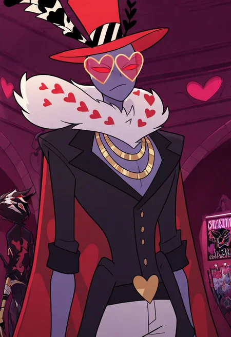 masterpiece, best quality, newest, absurdres, highres, HHStyle, 1boy, HHVal-V1.0, colored skin, Purple skin, Purple colored skin, demon boy, sharp fingerneils, HHVal-V1.0-no coat, chain, golden chain, necklace, jacket, black jacket, hat, red hat, glasses, heart shped glasses, top hat,