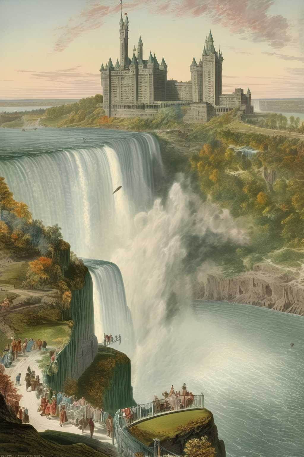 <lora:Richard Dadd Style:1>by Richard Dadd Style - fantasy castle, flora, Niagara Falls, castle on top of Niagara Falls, fantasy, horseshoe falls, new york flora,