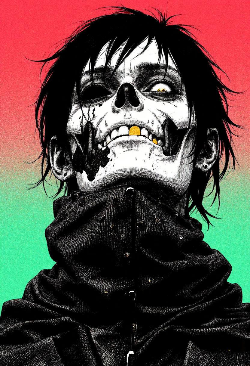 Nistyle, monochrome manga sketch, extreme face close-up of a weathered skeleton with an unnerving smile with missing teeth and striking features. The skeleton has one gold-colored tooth made of gold and wears the remains of a tattered cloak with sci-fi elements. The eyes are shaded, sad and pained, with a contagious sorrow accentuating the intense gaze. The sketch is hyper-detailed in manga style, featuring a vibrant neon fluorescent gradient background in bleached tones, combined with gray and white color grading for a dramatic effect. <lora:test2-000013-nistyle:0.8><lora:Reticulating_Noise_Gradient_Flux:0.3> Reticulating Noise Gradient, noisy, grain-shaded gradient, vibrant neon fluorescent hues, grainy, pixelated texture, filter-enhanced, stylized image, monochromatic color scheme, neon fluorescent theme,<lora:Wiz-Arcana-Spectral_Glow:0.35> spectral glow, chromatic grain, motion blur, diffuse silhouette, light leak effect, prism effect, inverted negative film, ethereal<lora:franck-bohbot-flux1-dev-v1-000058:0.5> in the style of franck-bohbot