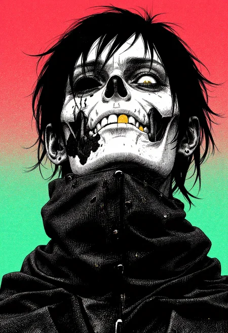 Nistyle, monochrome manga sketch, extreme face close-up of a weathered skeleton with an unnerving smile with missing teeth and striking features. The skeleton has one gold-colored tooth made of gold and wears the remains of a tattered cloak with sci-fi elements. The eyes are shaded, sad and pained, with a contagious sorrow accentuating the intense gaze. The sketch is hyper-detailed in manga style, featuring a vibrant neon fluorescent gradient background in bleached tones, combined with gray and white color grading for a dramatic effect. <lora:test2-000013-nistyle:0.8><lora:Reticulating_Noise_Gradient_Flux:0.3> Reticulating Noise Gradient, noisy, grain-shaded gradient, vibrant neon fluorescent hues, grainy, pixelated texture, filter-enhanced, stylized image, monochromatic color scheme, neon fluorescent theme,<lora:Wiz-Arcana-Spectral_Glow:0.35> spectral glow, chromatic grain, motion blur, diffuse silhouette, light leak effect, prism effect, inverted negative film, ethereal<lora:franck-bohbot-flux1-dev-v1-000058:0.5> in the style of franck-bohbot