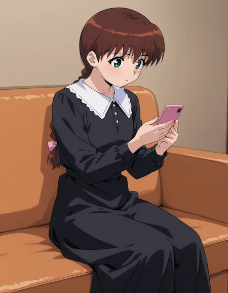 <lora:ghost-stories-v2-illustrious-000008:0.9> 1girl, solo, miyanoshita, braided ponytail, black dress, sitting, couch, looking at phone, masterpiece, best quality