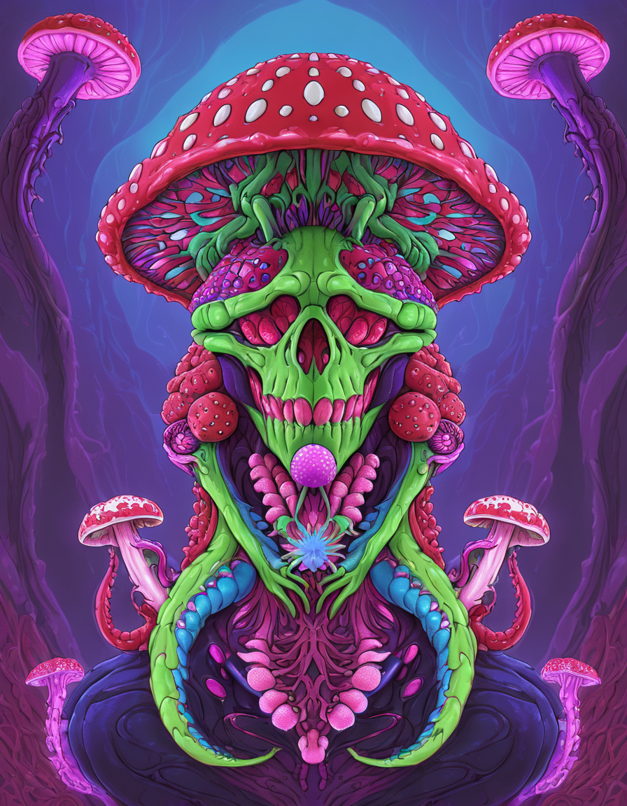<lora:brho:0.5>brho, creature, amanita muscaria head, psychedelic, green and pink tentacle tongue, purple blue pink mantis arms, alien eyes, purple alien background, alien flower on head, semi-symmetrical, goo