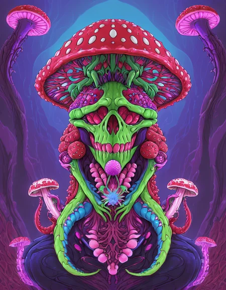 <lora:brho:0.5>brho, creature, amanita muscaria head, psychedelic, green and pink tentacle tongue, purple blue pink mantis arms, alien eyes, purple alien background, alien flower on head, semi-symmetrical, goo