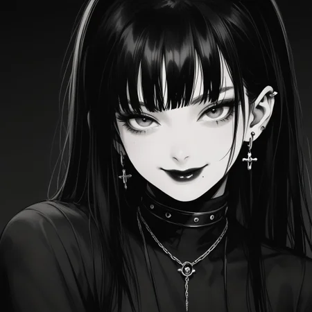1girl, gothic, black and white, cute face ,dark lipstick, eyeliner, ear piercings, dark clothing, fine details <lora:gothic:0.7>