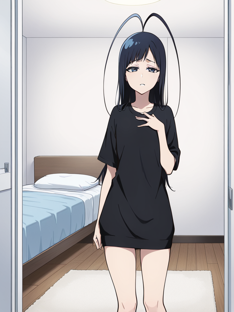 score_9, score_8_up, score_7_up,  
1boy, androgynous, giselle gewelle, blue eyes, black hair, long hair, antenna hair,
standing, black t-shirt, short sleeves, t-shirt dress, bare legs, indoors, bedroom, solo, looking at viewer, narrowed eyes, bags under eyes, tired, hand on own chest,

