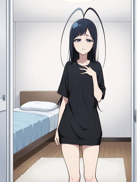 score_9, score_8_up, score_7_up,
1boy, androgynous, giselle gewelle, blue eyes, black hair, long hair, antenna hair,
standing, black t-shirt, short sleeves, t-shirt dress, bare legs, indoors, bedroom, solo, looking at viewer, narrowed eyes, bags under eyes, tired, hand on own chest,