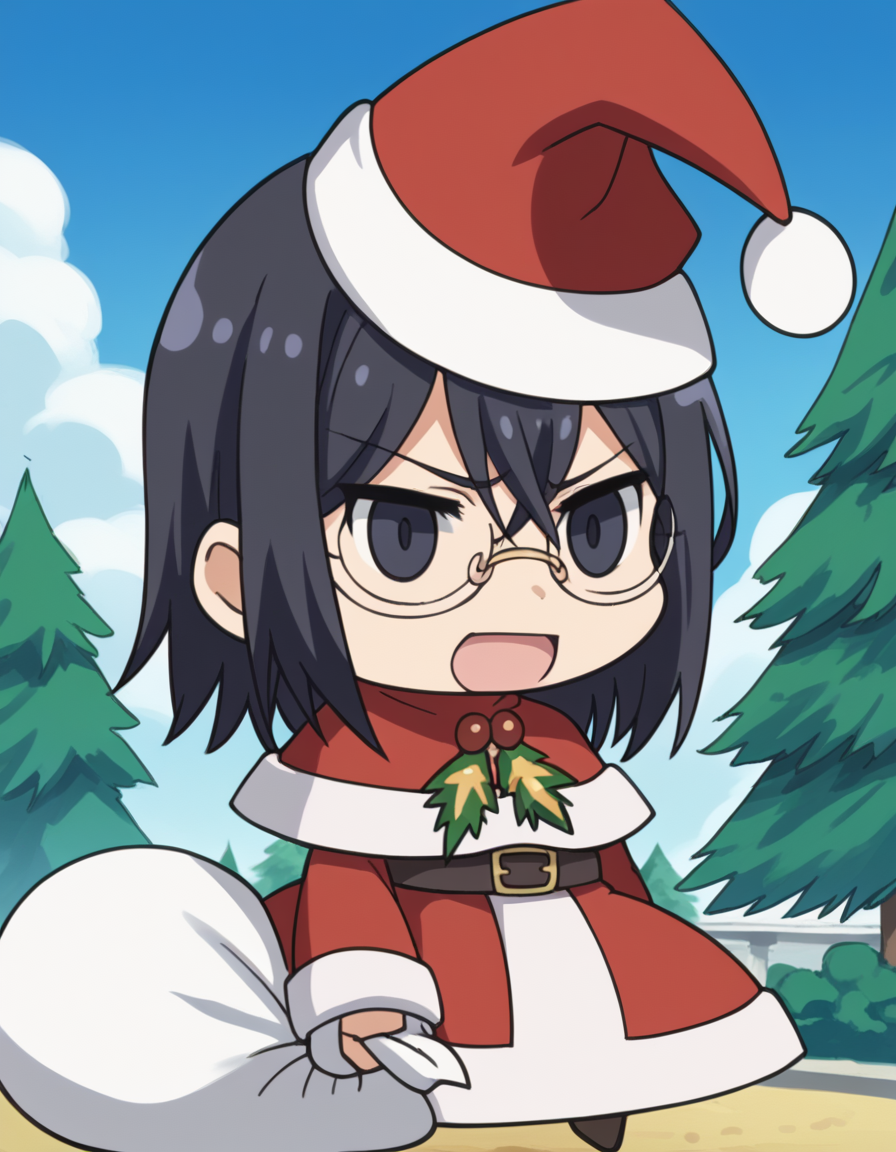 score_9, score_8_up, score_7_up, source_anime, <lora:mii-konori-s1-ponyxl-lora-nochekaiser:1>, mii konori, short hair, black hair, black eyes, glasses, hair between eyes, mature female, anime screencap,, <lora:padoru-ponyxl-lora-nochekaiser:1>, padoru, padoru (meme), holding sack, sack, santa hat, meme, christmas, open mouth, chibi, red capelet, santa dress, capelet, fur-trimmed headwear,, , dutch angle, cowboy shot