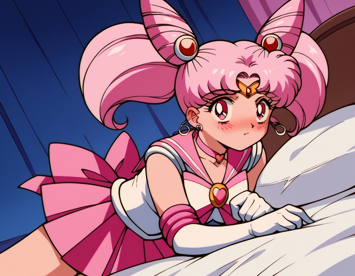 score_9, score_8_up, score_7_up, source_anime, <lora:chibiusa-tsukino-s3-ponyxl-lora-nochekaiser:1>, chibiusa, cone hair bun, double bun, hair bun, hair ornament, pink eyes, pink hair, short hair, twintails, circlet, parted bangs,, bow, brooch, choker, earrings, elbow gloves, gloves, heart, heart brooch, magical girl, pink bow, pink choker, pink sailor collar, pink skirt, pleated skirt, sailor collar, sailor senshi uniform, skirt, stud earrings, white gloves,, indoors, bed, bed room, on side, blush, drunk, looking at viewer, solo,, cowboy shot, dutch angle