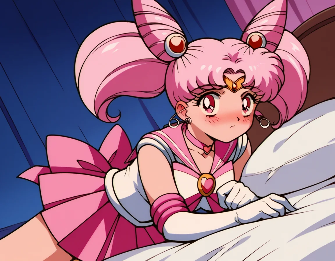 score_9, score_8_up, score_7_up, source_anime, <lora:chibiusa-tsukino-s3-ponyxl-lora-nochekaiser:1>, chibiusa, cone hair bun, double bun, hair bun, hair ornament, pink eyes, pink hair, short hair, twintails, circlet, parted bangs,, bow, brooch, choker, earrings, elbow gloves, gloves, heart, heart brooch, magical girl, pink bow, pink choker, pink sailor collar, pink skirt, pleated skirt, sailor collar, sailor senshi uniform, skirt, stud earrings, white gloves,, indoors, bed, bed room, on side, blush, drunk, looking at viewer, solo,, cowboy shot, dutch angle