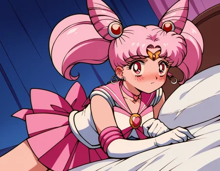 score_9, score_8_up, score_7_up, source_anime, <lora:chibiusa-tsukino-s3-ponyxl-lora-nochekaiser:1>, chibiusa, cone hair bun, double bun, hair bun, hair ornament, pink eyes, pink hair, short hair, twintails, circlet, parted bangs,, bow, brooch, choker, earrings, elbow gloves, gloves, heart, heart brooch, magical girl, pink bow, pink choker, pink sailor collar, pink skirt, pleated skirt, sailor collar, sailor senshi uniform, skirt, stud earrings, white gloves,, indoors, bed, bed room, on side, blush, drunk, looking at viewer, solo,, cowboy shot, dutch angle